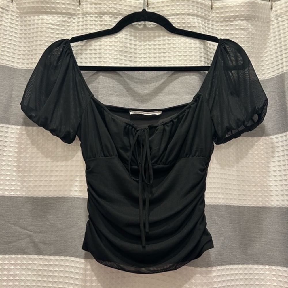Elodie Black Ruched Tie-Neck Puff Sleeve Crop Top Size XS